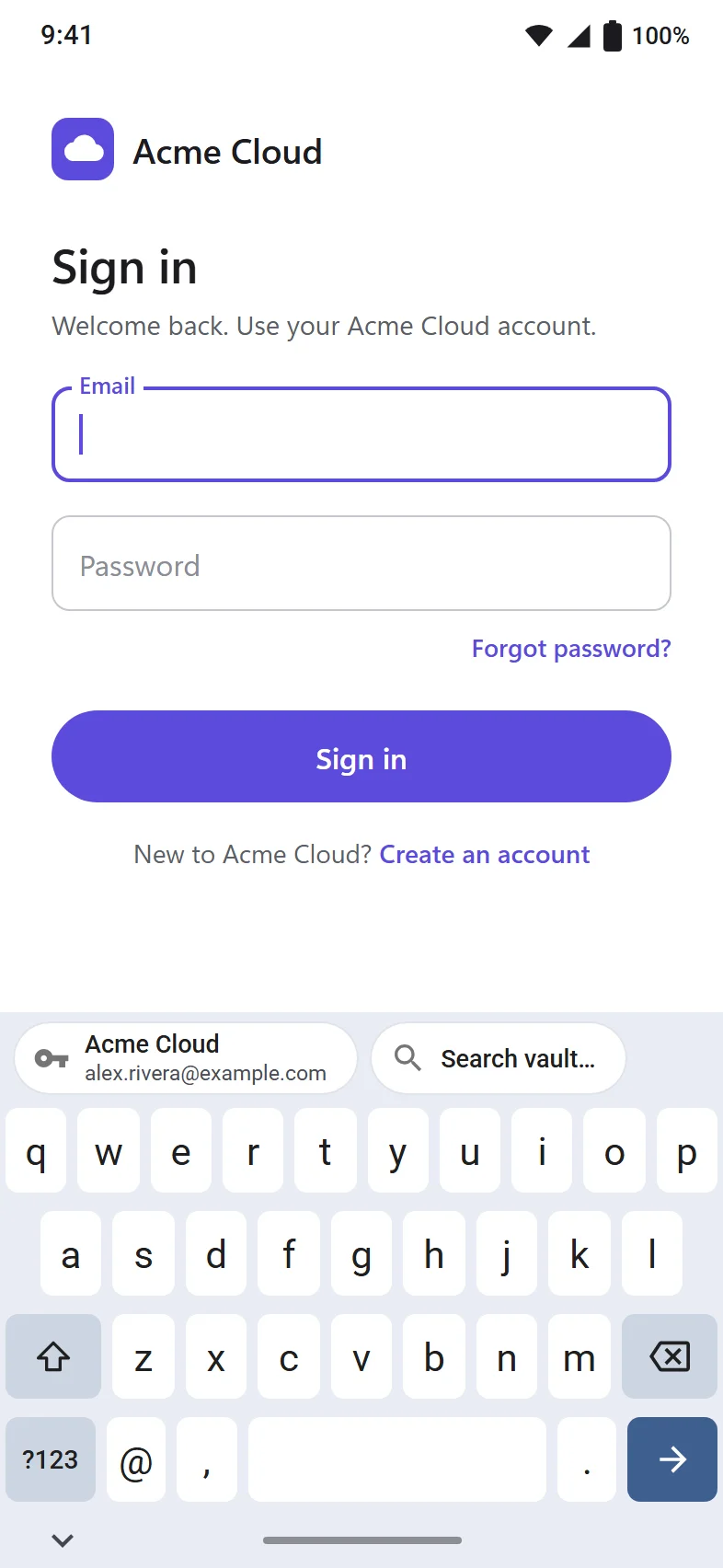 Android autofill: a sign-in screen with a Passyble login suggestion shown on the keyboard (demo data, a design mockup).