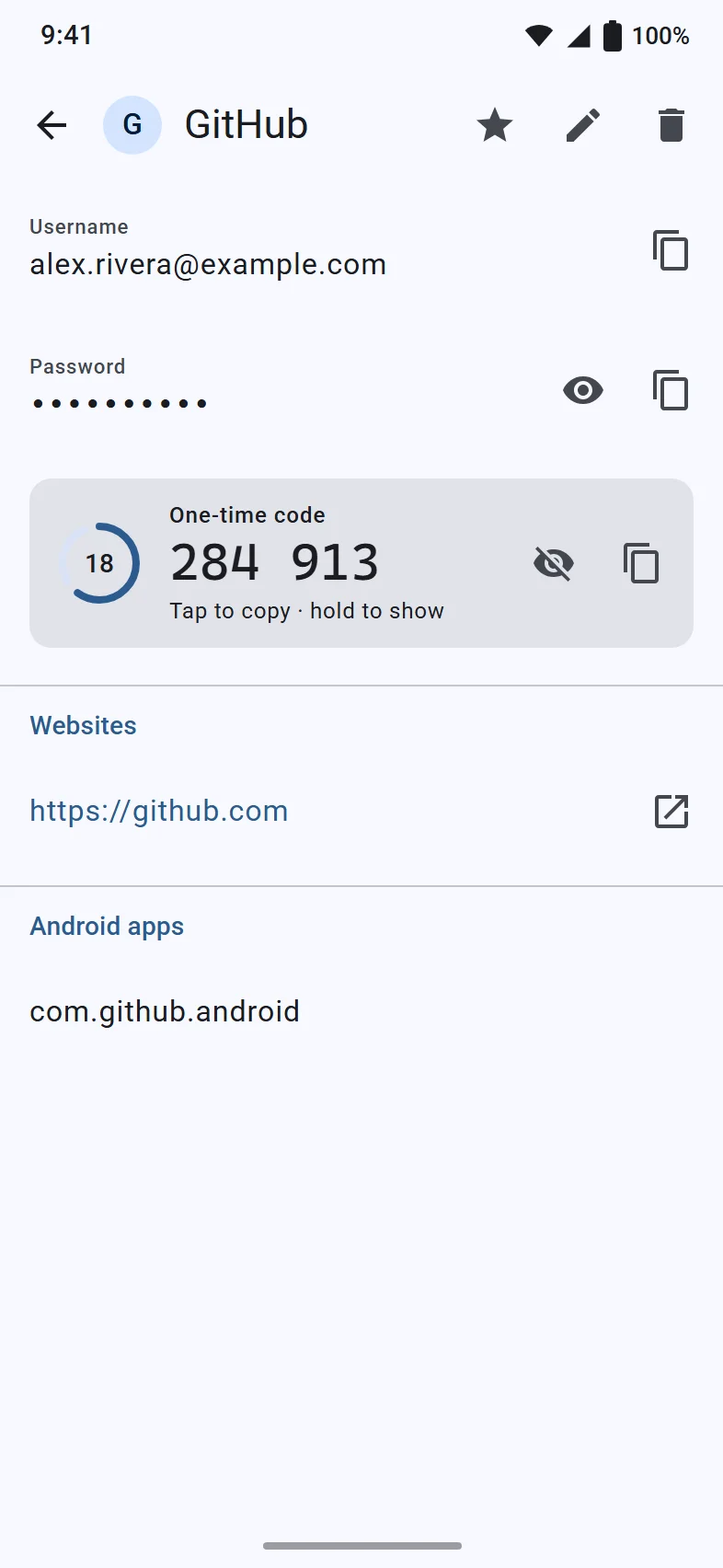 A GitHub login on Android with username, hidden password and a one-time code with its countdown ring (demo data, a design mockup).