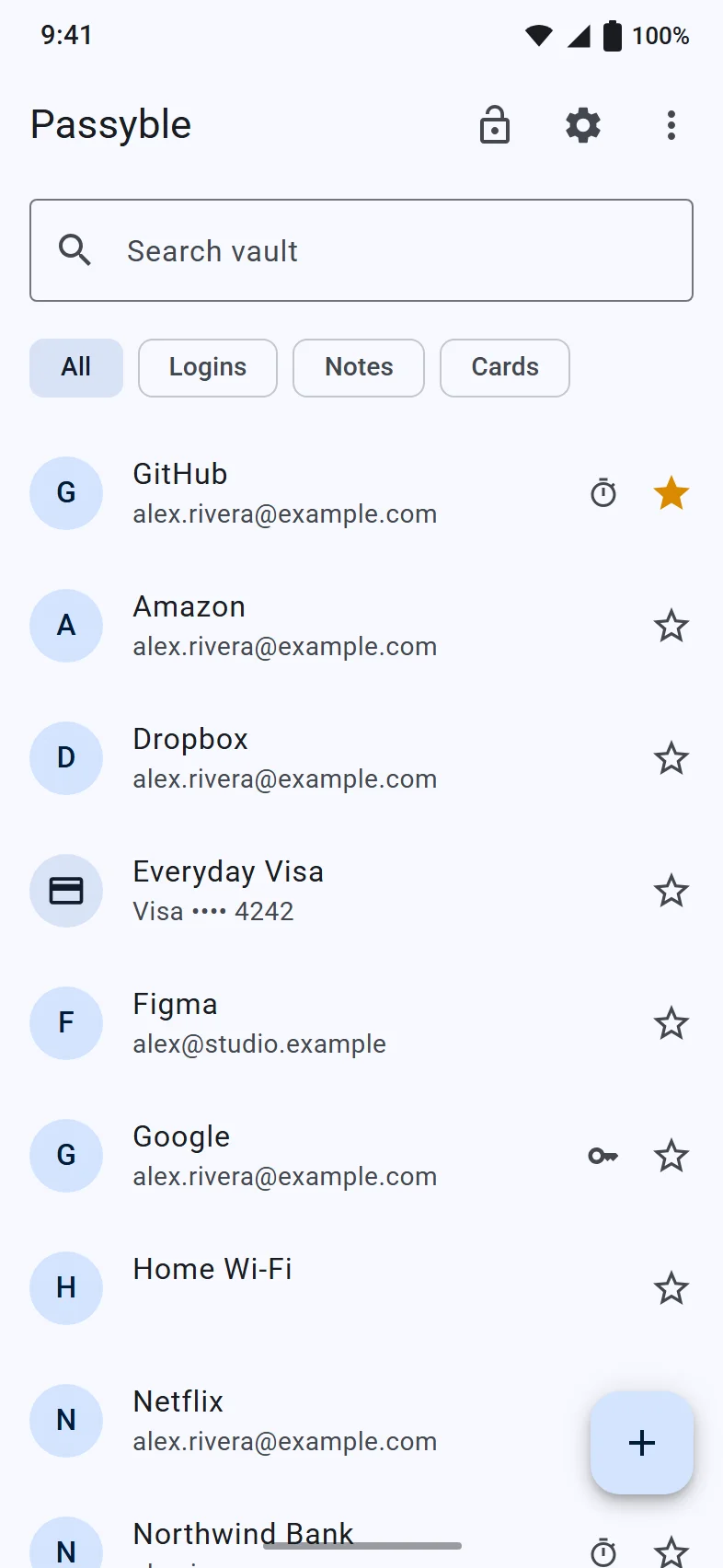 The Android vault list with search, filter chips and a starred favorite (demo data, a design mockup).