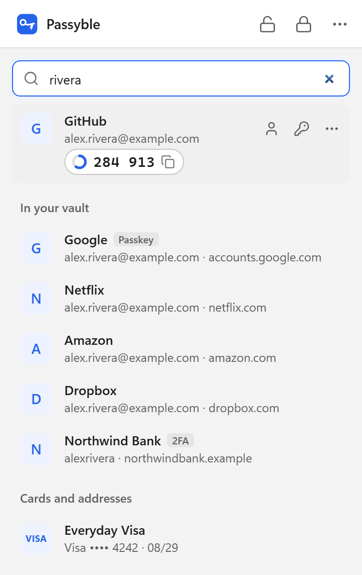 The Passyble extension popup with the GitHub login and its 2FA code at the top, and search results from the vault below (demo data).