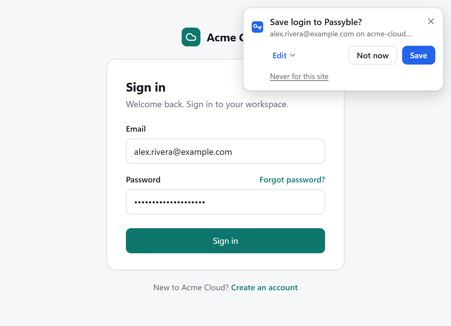 The browser extension asking to save a new login to Passyble after signing in (demo data).