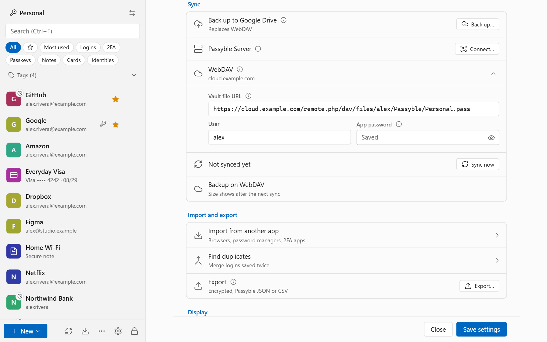 Sync settings in the Windows app (demo data).