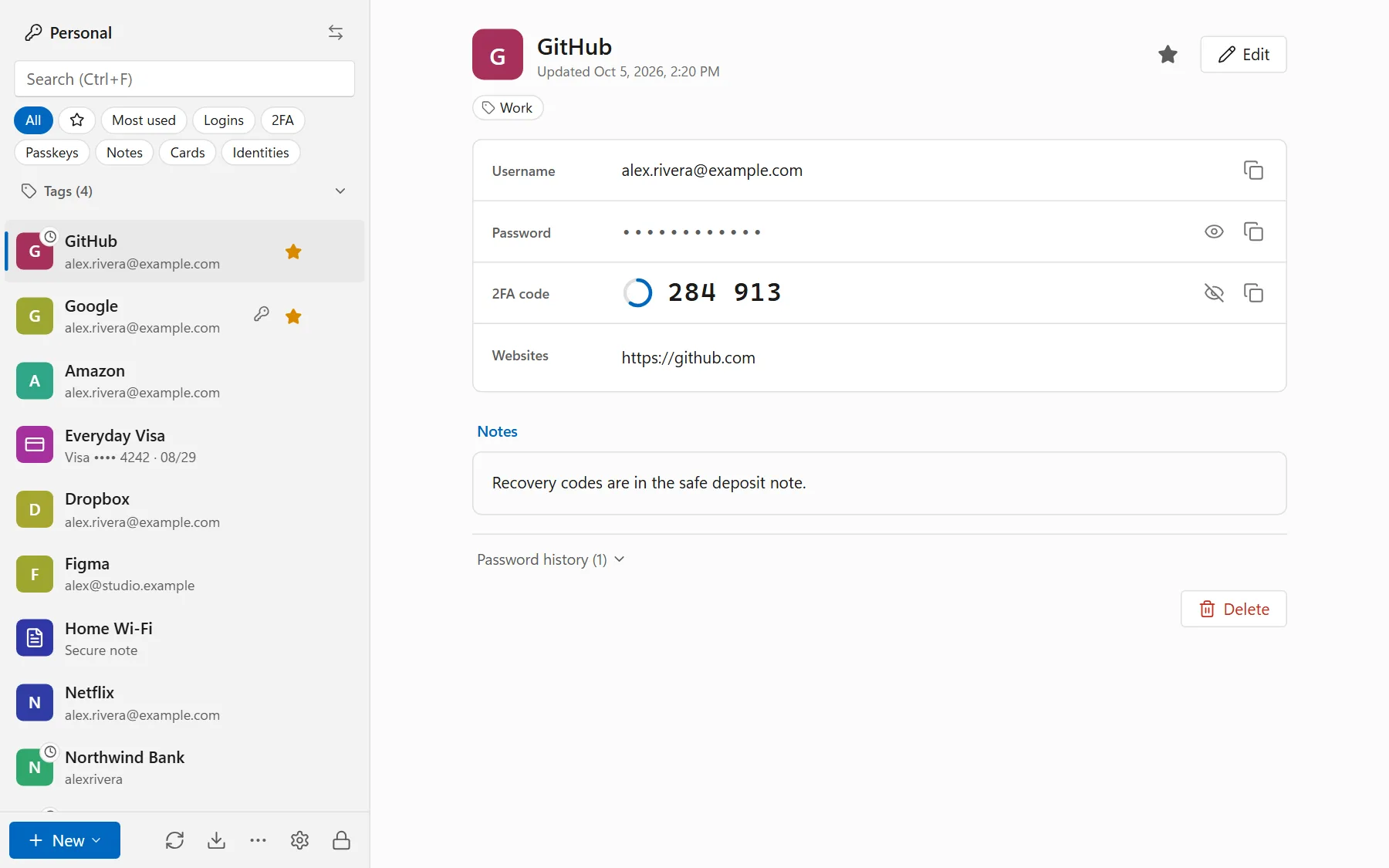 The Passyble app for Windows with a demo vault and a GitHub login with its 2FA code.